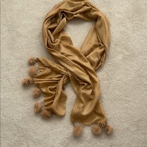 Tan Scarf with Fur Pom-Poms